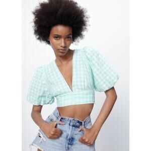 NWT ZARA Gingham Open Back Cropped Blouse Blue Medium Vacation Summer Resortwear